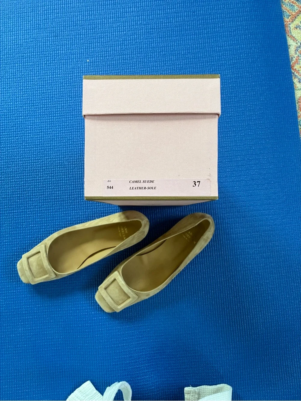 ANN MASHBURN Suede Square-Toe Flats in Tan